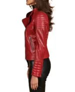 Women Red Quilted Biker Leather Jacket Side - Trendy Leather Jackets