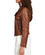 Women Brown Biker Leather Jacket Side - Trendy Leather Jackets