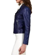 Women Navy Natural Biker Leather Jacket Side - Trendy Leather Jackets