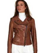 Women Brown Biker Leather Jacket Front - Trendy Leather Jackets