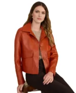 Women Ella Orange Leather Jacket Front - Trendy Leather Jackets