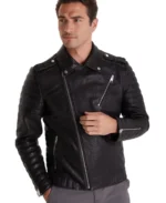 Quentin Black Biker Leather Jacket Closeup - Trendy Leather Jackets