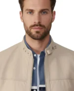 Rafe Beige Leather Jacket Closeup - Trendy Leather Jackets
