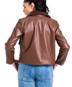 Shop The Women Brown Sherpa Collared Leather Jacket - Trendy Leather Jackets