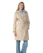Soho Beige Leather Trench Coat Front - Trendy Leather Jackets