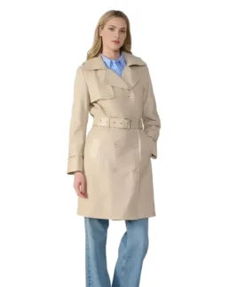 Soho Beige Leather Trench Coat Front - Trendy Leather Jackets