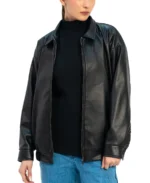 Women Black Oversized Faux Leather Jacket Front - Trendy Leather Jackets