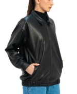 Women Black Oversized Faux Leather Jacket Side - Trendy Leather Jackets