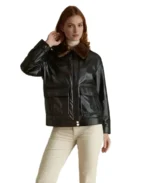 Women Black Shearling Collar Leather Jacket Front - Trendy Leather Jackets