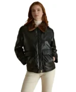 Women Black Shearling Collar Leather Jacket Front View - Trendy Leather Jackets