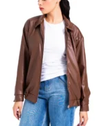 Women Brown Oversized Faux Leather Jacket Front - Trendy Leather Jackets