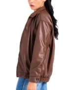 Women Brown Oversized Faux Leather Jacket Side - Trendy Leather Jackets
