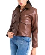 Women Brown Sherpa Collared Leather Jacket Side - Trendy Leather Jackets