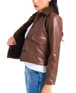 Women Brown Sherpa Collared Leather Jacket Side View - Trendy Leather Jackets