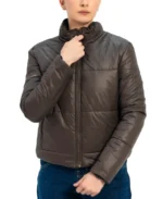 Women Chocolate Brown Puffer Jacket Front - Trendy Leather Jackets