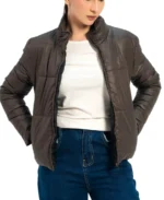 Women Chocolate Brown Puffer Jacket Front View - Trendy Leather Jackets