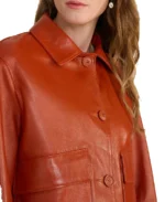 Women Ella Orange Leather Jacket Closeup - Trendy Leather Jackets