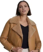 Women Eloise Brown Shearling Jacket Closeup - Trendy Leather Jackets