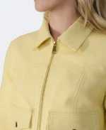 Women Flora Yellow Leather Jacket Closeup - Trendy Leather Jackets