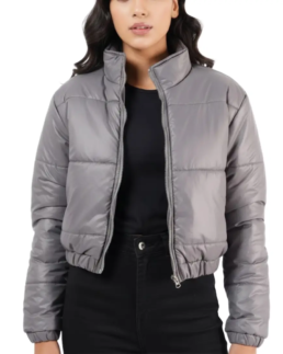 Women Grey Cropped Puffer Jacket - Trendy Leather Jackets