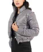 Women Grey Cropped Puffer Jacket Side - Trendy Leather Jackets