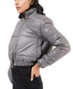Women Grey Cropped Puffer Jacket Side View - Trendy Leather Jackets