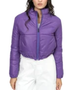Women Purple Cropped Puffer Jacket - Trendy Leather Jackets