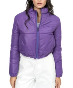 Women Purple Cropped Puffer Jacket - Trendy Leather Jackets
