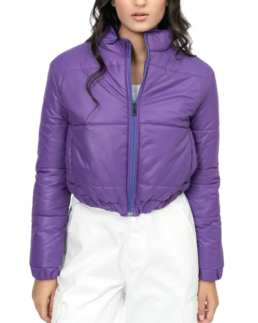 Women Purple Cropped Puffer Jacket - Trendy Leather Jackets