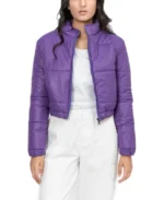 Women Purple Cropped Puffer Jacket Front - Trendy Leather Jackets