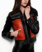Women's Black And Red Anime Biker Leather Jacket Front View - Trendy Leather Jackets