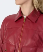 Women's Flora Red Leather Jacket Closeup - Trendy Leather Jackets