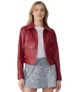 Women's Flora Red Leather Jacket Front - Trendy Leather Jackets