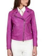 Women's Lilac Natural Pink Biker Leather Jacket Front - Trendy Leather Jackets