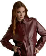 Women's Maroon Shearling Collar Leather Jacket Closeup - Trendy Leather Jackets