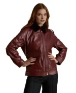 Women's Maroon Shearling Collar Leather Jacket Front - Trendy Leather Jackets