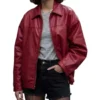 Women's Red Oversized Bomber Leather Jacket - Trendy Leather Jackets