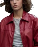 Women's Red Oversized Bomber Leather Jacket Collar - Trendy Leather Jackets