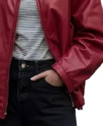 Women's Red Oversized Bomber Leather Jacket Cuffs - Trendy Leather Jackets