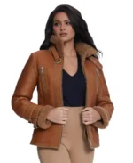 Women's Silky Brick Brown Shearling Jacket - Trendy Leather Jackets