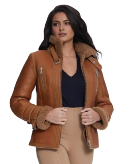 Women's Silky Brick Brown Shearling Jacket - Trendy Leather Jackets