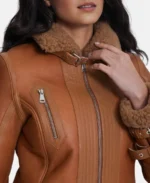 Women's Silky Brick Brown Shearling Jacket Closeup - Trendy Leather Jackets