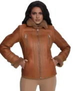 Women's Silky Brick Brown Shearling Jacket Front - Trendy Leather Jackets