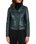 Women Green Natural Biker Leather Jacket Front - Trendy Leather Jackets