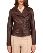 Women Pull Up Dark Brown Biker Leather Jacket Front - Trendy Leather Jackets