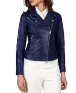 Women Navy Natural Biker Leather Jacket Front - Trendy Leather Jackets