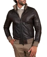 Men Dark Brown Sheepskin Bomber Jacket Front - Trendy Leather Jackets