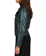 Women Green Natural Biker Leather Jacket Side - Trendy Leather Jackets