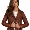 Women Chiodo Brown Biker Leather Jacket Closeup - Trendy Leather Jackets