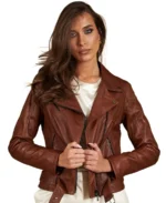 Women Chiodo Brown Biker Leather Jacket Closeup - Trendy Leather Jackets